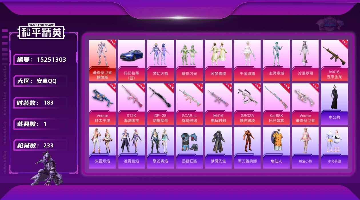 和平精英账号安卓QQ[15251303]素材身法号 安卓 手Q-1神装-6粉装-9特效枪-1载具-9粉色飞行器-7.9w热力值-13王牌印记-183套装-233枪皮【红色神装等级】：最终圣卫者-帕修斯(二级)【热门品类】