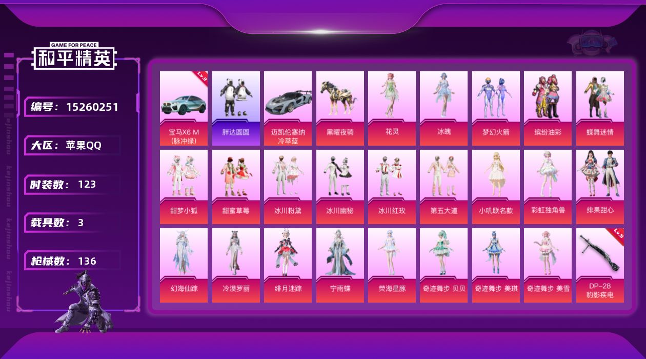 和平精英账号苹果QQ[15260251]【店主推荐捡漏号！可直接换绑】/素材身法号/无敌战神框1/绝世印记2/璀璨碎片1366 苹果 手Q-无敌战神框-22粉装-6特效枪-3载具-10粉色飞行器-5.5w热力值-5王牌印