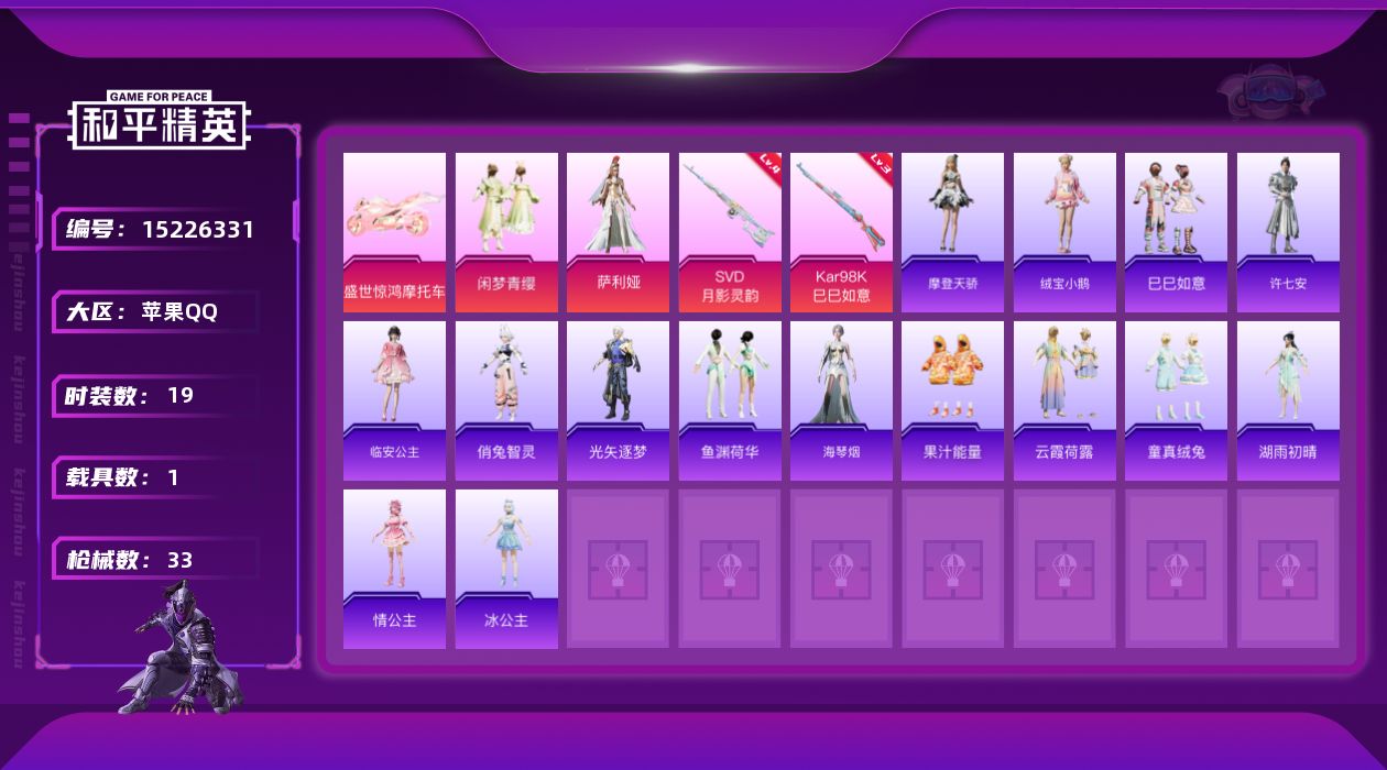 和平精英账号苹果QQ[15226331]【暑期末清货/特价急出/永久包赔】：苹果 手Q-2粉装-2特效枪-1载具-1.1w热力值-0印记-19套装-33枪皮【稀有载具】：盛世惊鸿摩托车【特效枪等级】：Kar98K-巳巳如