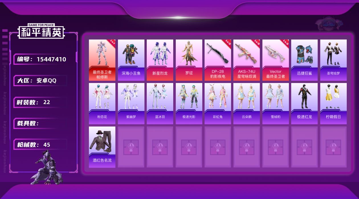 和平精英账号安卓QQ[15447410]【特价出售/店主推荐】安卓 手Q-1神装-2粉装-3特效枪-0载具-3粉色飞行器-15373热力值-1王牌印记-22套装-45枪皮
【红色神装等级】：最终圣卫者-帕修斯(一级)
【