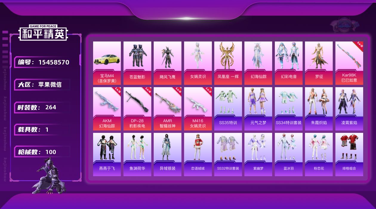 和平精英账号苹果微信[15458570]实名: 可修改 时装数: 264 载具数: 1 枪械数: 100 战备数: 68