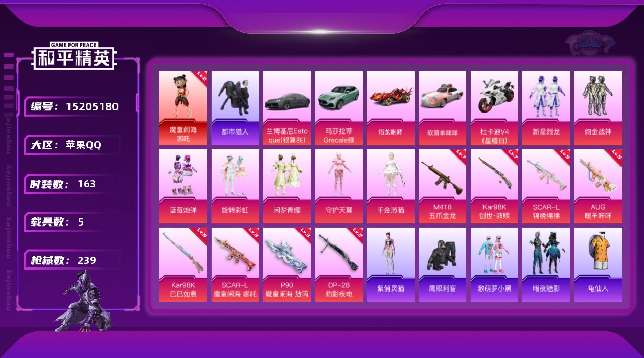 和平精英账号苹果QQ[15205180]【店主推荐捡漏号！可直接换绑】/素材身法号/扭蛋碎片658 苹果 手Q-1神装-7粉装-8特效枪-5载具-5粉色飞行器-8.3w热力值-17王牌印记-163套装-239枪皮【红色神