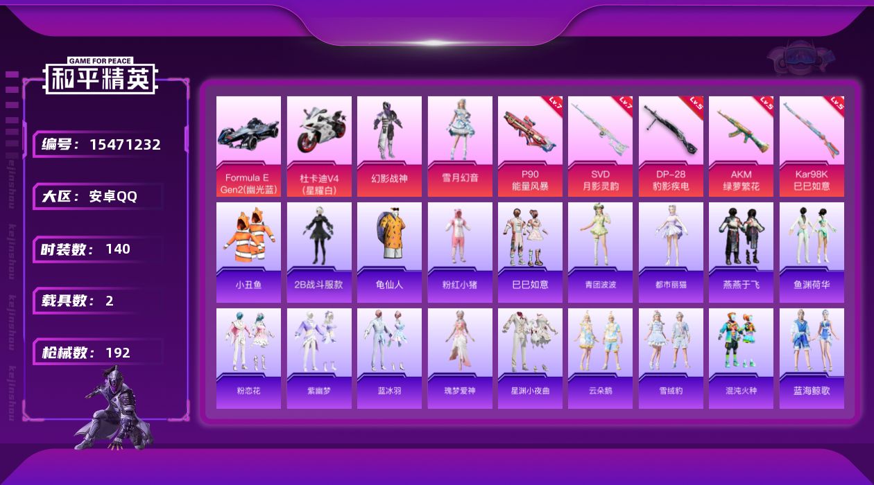 和平精英账号安卓QQDAS8564 包人脸 安卓Q-1稀有2载具2粉装5特效枪7热门140套装192枪皮 62079热力