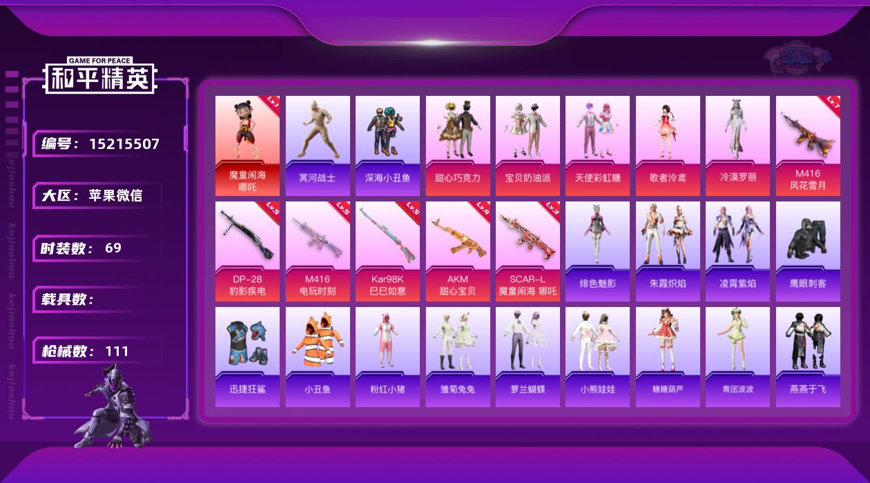 和平精英账号苹果微信[15215507]素材身法号/老木乃伊/无敌战神框2 苹果 微信-无敌战神框-1神装-5粉装-6特效枪-4粉色飞行器-3.6w热力值-11王牌印记-69套装-111枪皮【红色神装等级】：魔童闹海-哪