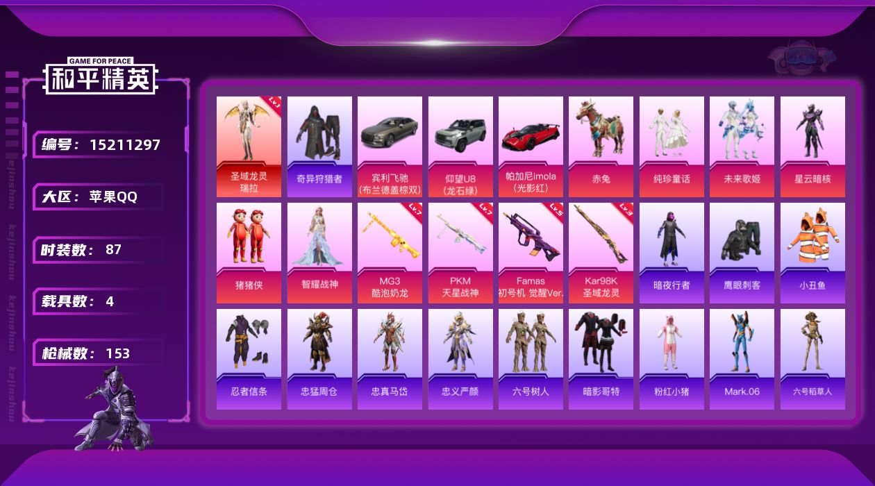 和平精英账号苹果QQ[15211297]可二次【店主推荐捡漏号！可直接换绑】/素材身法号 苹果 手Q-1神装-5粉装-4特效枪-4载具-4粉色飞行器-5.3w热力值-1王牌印记-87套装-153枪皮【红色神装等级】：圣域