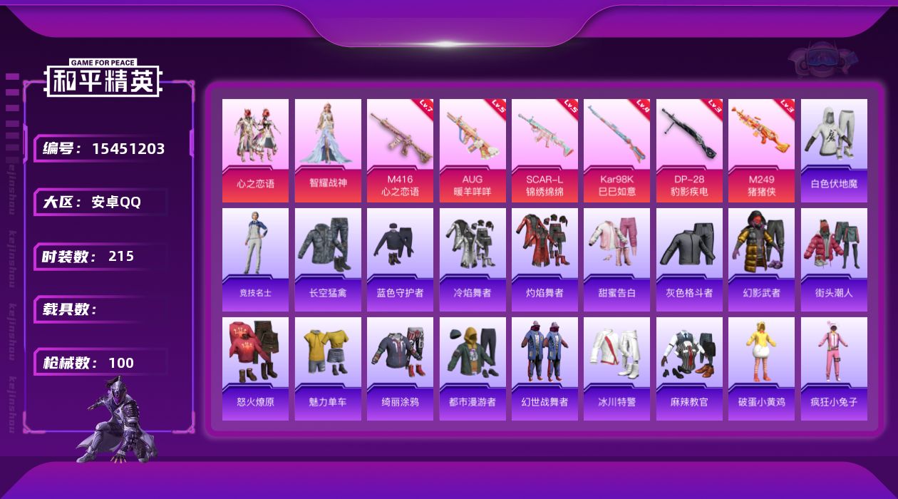 和平精英账号安卓QQ2粉装 6特效枪 0.0载具 1印记 可二次 
【热门装扮】心之恋语,智耀战神 
【稀有枪皮】M41