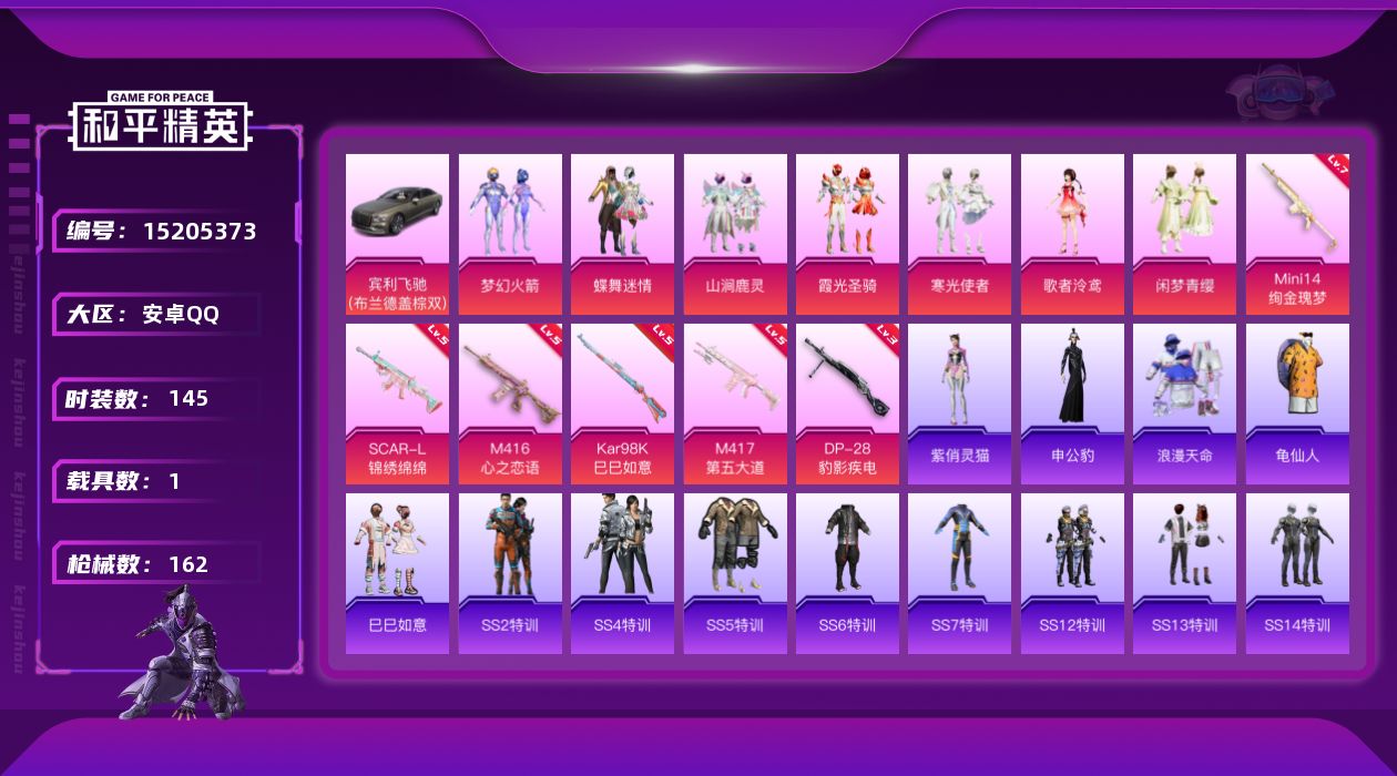 和平精英账号安卓QQ[15205373]【店主推荐捡漏号！可直接换绑】/素材身法号 安卓 手Q-7粉装-6特效枪-1载具-3粉色飞行器-5.6w热力值-9王牌印记-145套装-162枪皮【热门品类】：粉装-梦幻火箭，套装