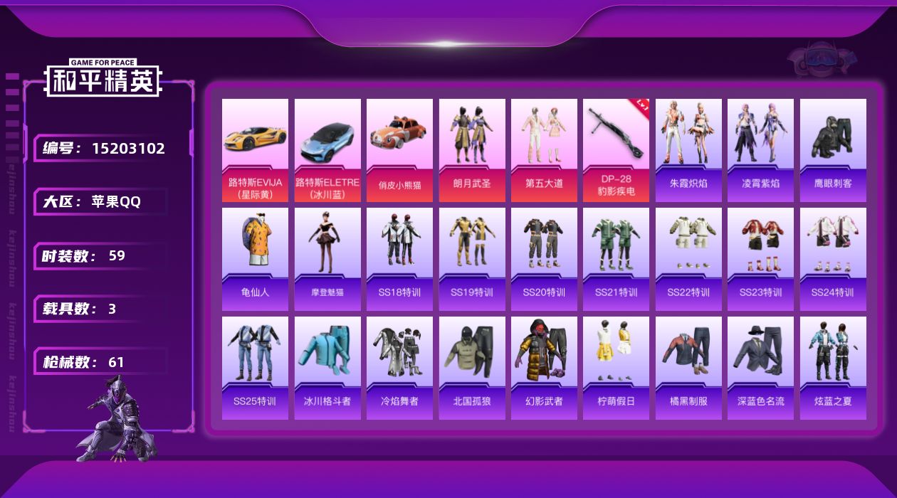 和平精英账号苹果QQ[15203102]可二次【店主推荐捡漏号！可直接换绑】 苹果 手Q-2粉装-1特效枪-3载具-2w热力值-5王牌印记-59套装-61枪皮【热门品类】：套装-龟仙人【粉色载具】：路特斯EVIJA（星际