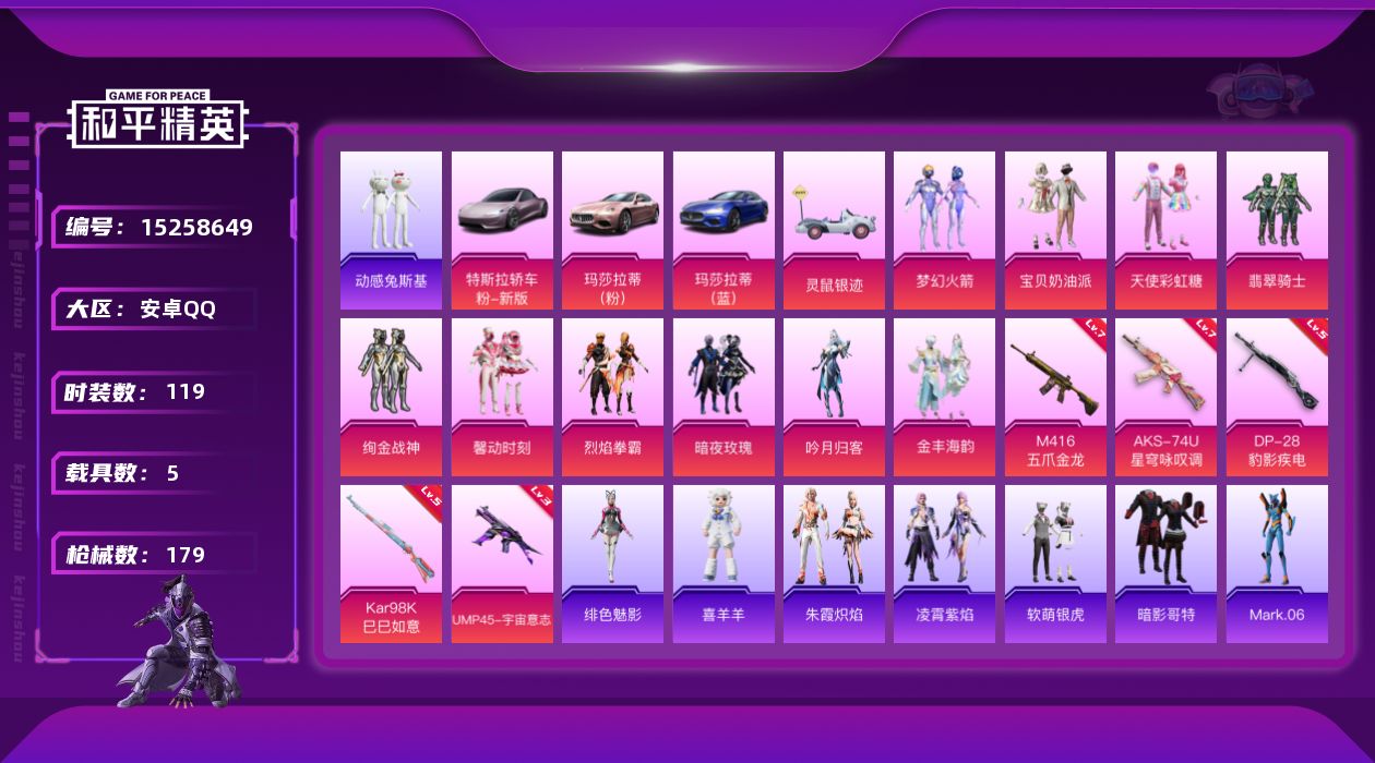 和平精英账号安卓QQ[15258649]素材身法号 安卓 手Q-10粉装-5特效枪-5载具-4粉色飞行器-6.4w热力值-4王牌印记-119套装-179枪皮【热门品类】：粉装-梦幻火箭，套装-动感兔斯基人偶服，套装-暗影