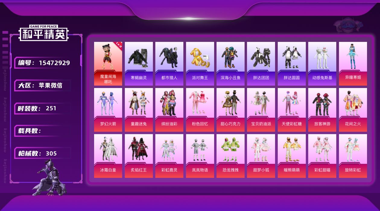 和平精英账号苹果微信[15472929]苹果 微信-1神装-32粉装-14特效枪-0载具-10粉色飞行器-119523热力值-18王牌印记-251套装-305枪皮【红色神装等级】：魔童闹海-哪吒(三级)【红色角色神装】：