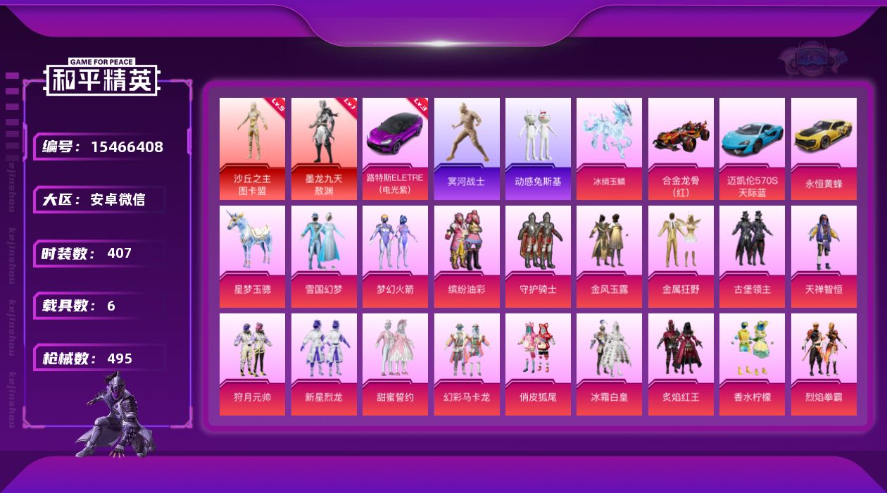 和平精英账号安卓微信[15466408]DAS8537可二次 安卓V-2红装3稀有7载具38粉装23特效枪55热门407套装495枪皮 208540热力值 33印记 历史无敌战神 SS28战神框 墨龙九天-敖渊 (1级)