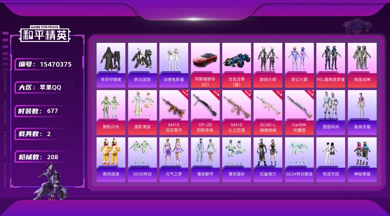 和平精英账号苹果QQ[15470375]6粉装 5特效枪 2载具 14印记 可二次 可修改实名 
【热门装扮】奇异狩猎者