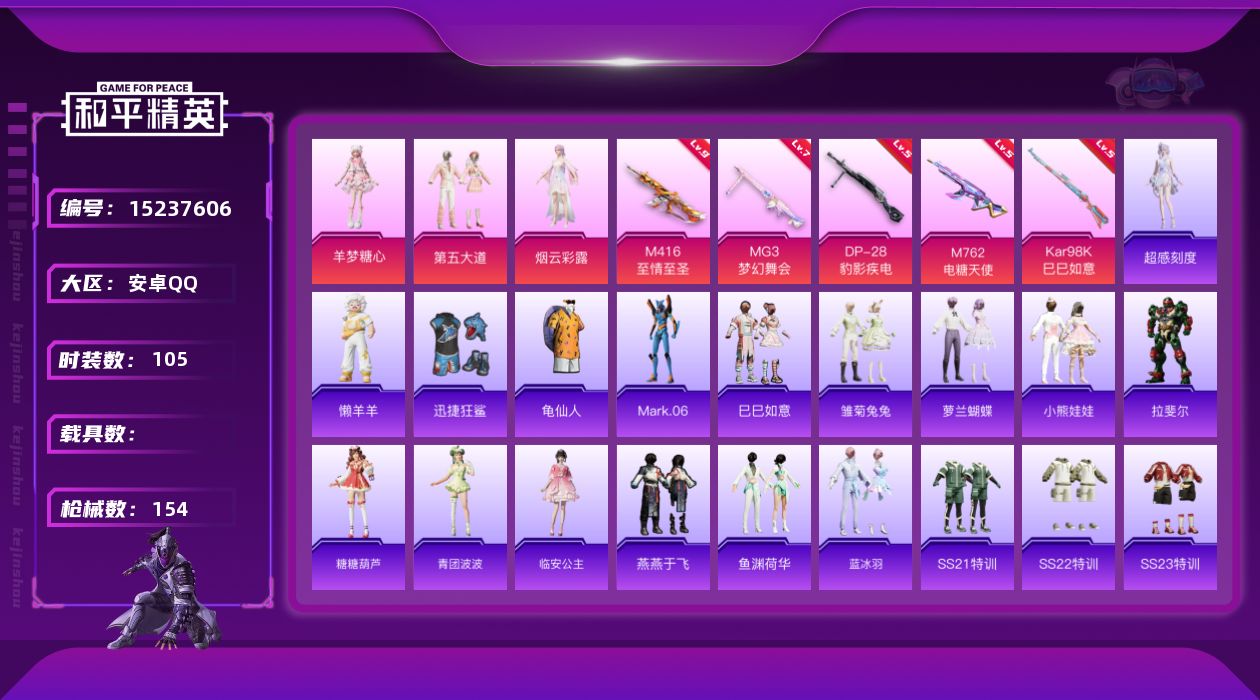 和平精英账号安卓QQ[15237606]【店主推荐捡漏号！可直接换绑】/素材身法号 安卓 手Q-4粉装-5特效枪-2粉色飞行器-4.9w热力值-6王牌印记-105套装-154枪皮【热门品类】：套装-龟仙人，角色-Mark