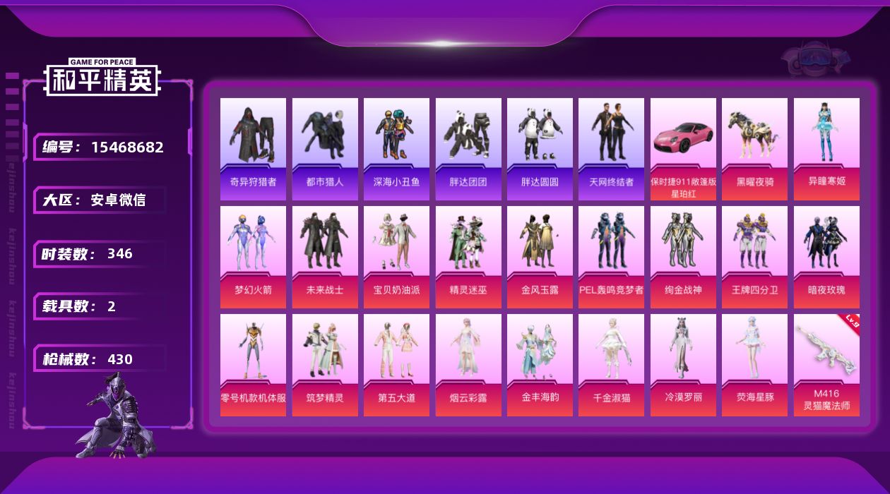 和平精英账号安卓微信[15468682]地铁满天赋【特价出售/店主推荐】安卓 微信-无敌战神框-18粉装-15特效枪-2载具-8粉色飞行器-162413热力值-32王牌印记-346套装-430枪皮【热门品类】：粉装-梦幻