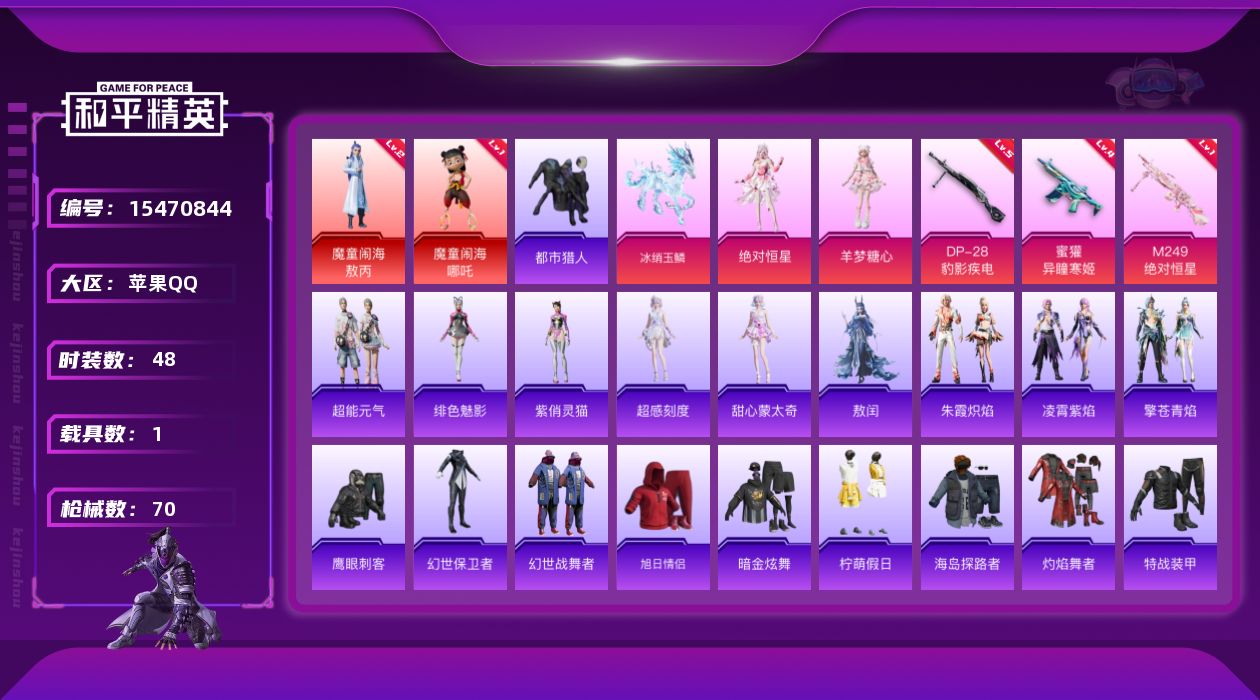 和平精英账号苹果QQ[15470844]【特价出售/店主推荐】苹果 手Q-2神装-2粉装-3特效枪-1载具-4粉色飞行器-22779热力值-3王牌印记-48套装-70枪皮【红色神装等级】：魔童闹海-敖丙(二级)，魔童闹海