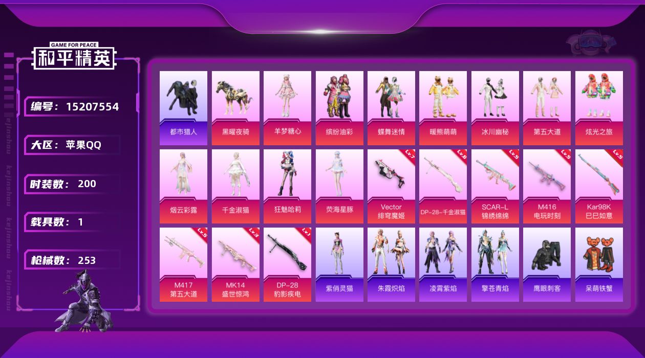 和平精英账号苹果QQ[15207554]可二次【店主推荐捡漏号！可直接换绑】/素材身法号/璀璨碎片1200/扭蛋碎片980 苹果 手Q-12粉装-8特效枪-1载具-12粉色飞行器-8.7w热力值-16王牌印记-200套装