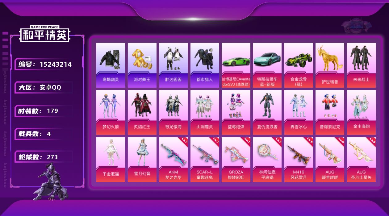 和平精英账号安卓QQ[15243214]男神素材号【特价急出/详情看图】：安卓 手Q-12粉装-14特效枪-4载具-9.6w热力值-13印记-179套装-273枪皮【热门品类】：套装-寒蝎幽灵，套装-派对舞王，角色-军刀