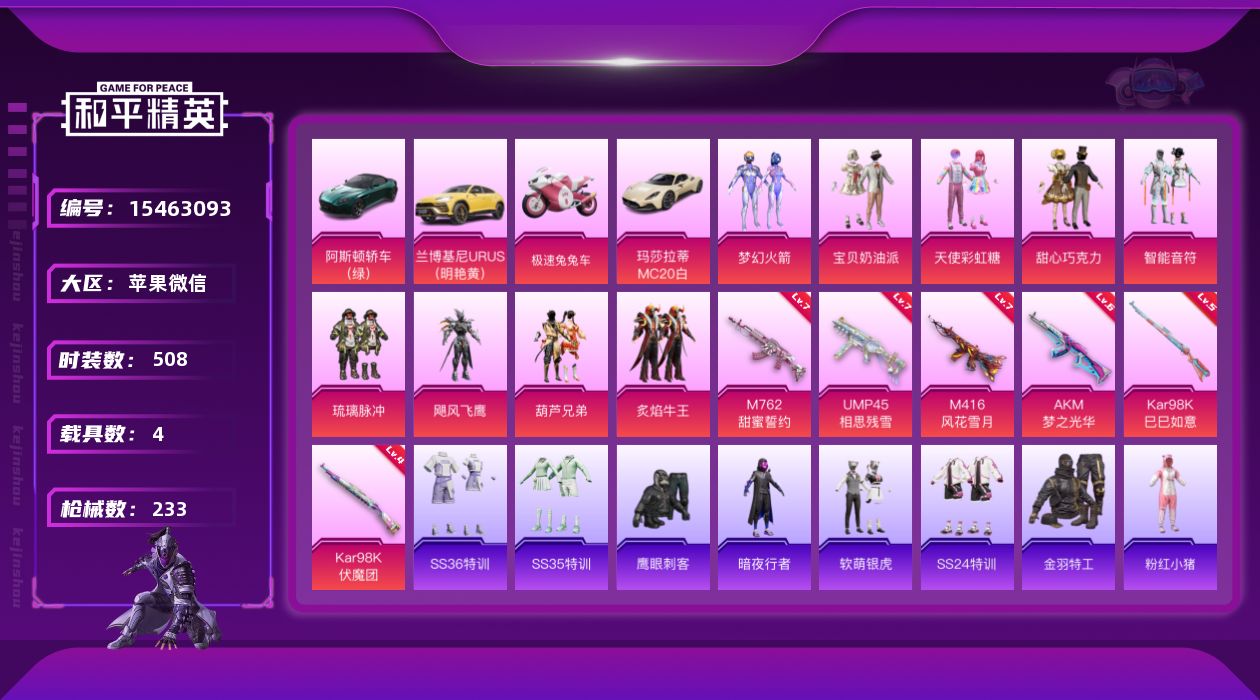 和平精英账号苹果微信[15463093]实名: 可修改 时装数: 138 载具数: 4 枪械数: 233 战备数: 13