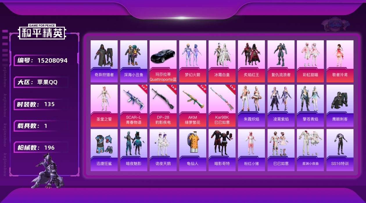 和平精英账号苹果QQ[15208094]【店主推荐捡漏号！可直接换绑】/素材身法号 苹果 手Q-7粉装-4特效枪-1载具-2粉色飞行器-5.8w热力值-11王牌印记-135套装-196枪皮【热门品类】：粉装-梦幻火箭，套