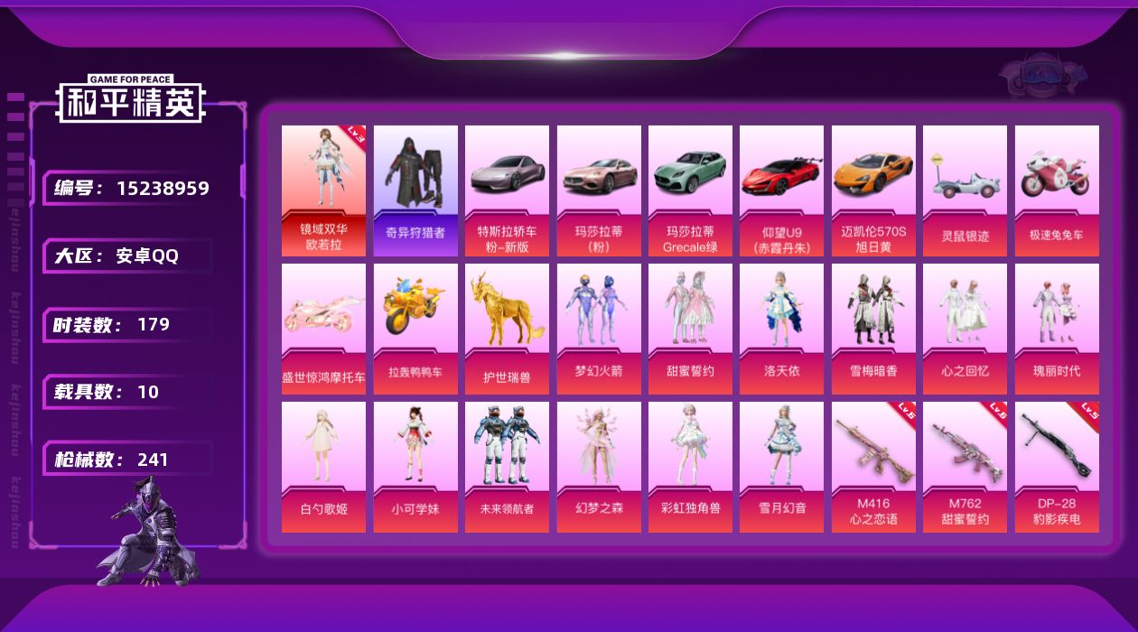 和平精英账号安卓QQ[15238959]【店主推荐捡漏号！可直接换绑】安卓 手Q-1神装-12粉装-10特效枪-10载具-9粉色飞行器-96575热力值-9王牌印记-179套装-241枪皮【红色神装等级】：镜域双华-欧若