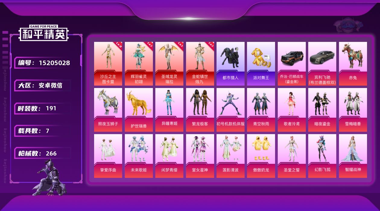 和平精英账号安卓微信[15205028]社交限制 素材身法号/绝世印记1/M416-超新星(九级) 安卓 微信-4神装-17粉装-19特效枪-7载具-14粉色飞行器-11.3w热力值-13王牌印记-191套装-266枪皮