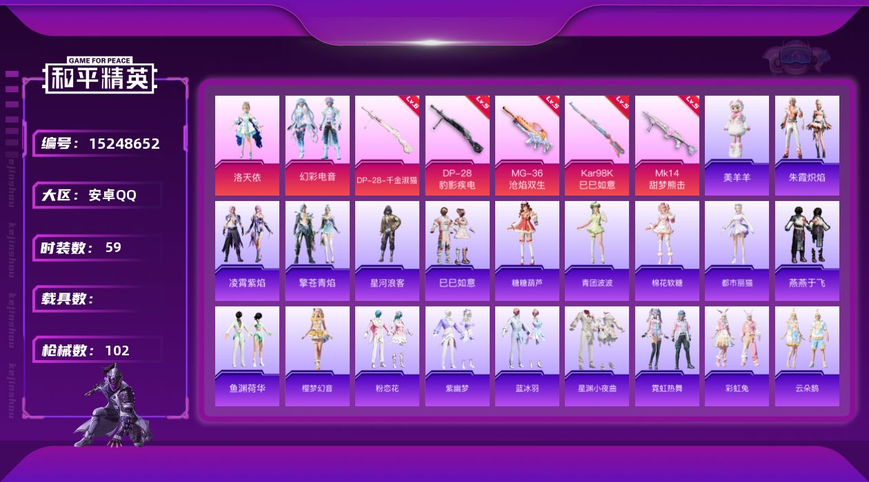 和平精英账号安卓QQ[15248652]地铁满天赋【特价急出/详情看图】：安卓 手Q-2粉装-5特效枪-2.9w热力值-5王牌印记-59套装-102枪皮【热门品类】：套装-星河浪客【粉色套装】：角色-洛天依，粉装-幻彩电
