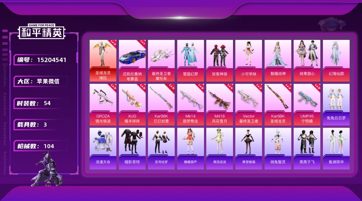 和平精英账号苹果微信[15204541]素材身法号/无敌战神框1/绝世印记6/地铁满天赋 苹果 微信-无敌战神框-1神装-6粉装-8特效枪-3载具-6粉色飞行器-3.9w热力值-7王牌印记-54套装-104枪皮【红色载具