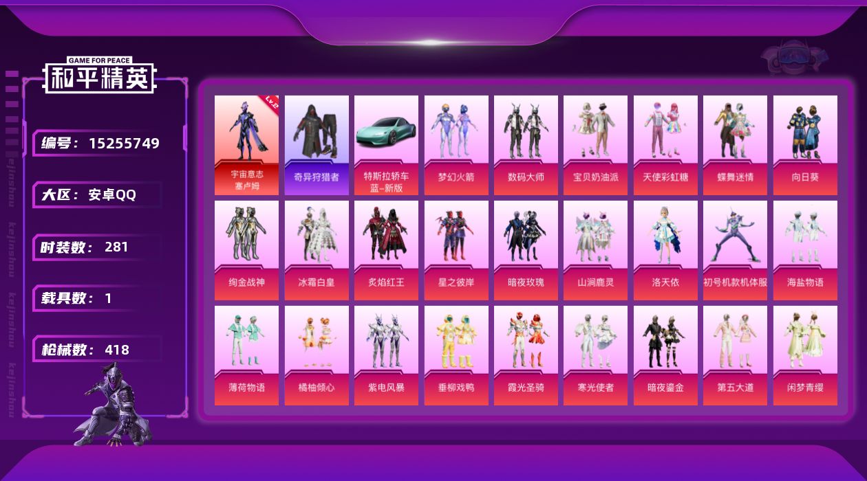和平精英账号安卓QQ[15255749]素材身法号/地铁满天赋【特价急出/详情看图】：安卓 手Q-1神装-28粉装-16特效枪-1载具-8粉色飞行器-13.8w热力值-24王牌印记-281套装-418枪皮【红色神装等级】