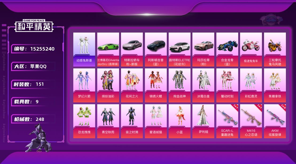 和平精英账号苹果QQ[15255240]素材身法号【特价急出/详情看图】：苹果 手Q-15粉装-12特效枪-9载具-3粉色飞行器-8.8w热力值-6王牌印记-151套装-248枪皮【热门品类】：粉装-梦幻火箭，粉装-缤纷