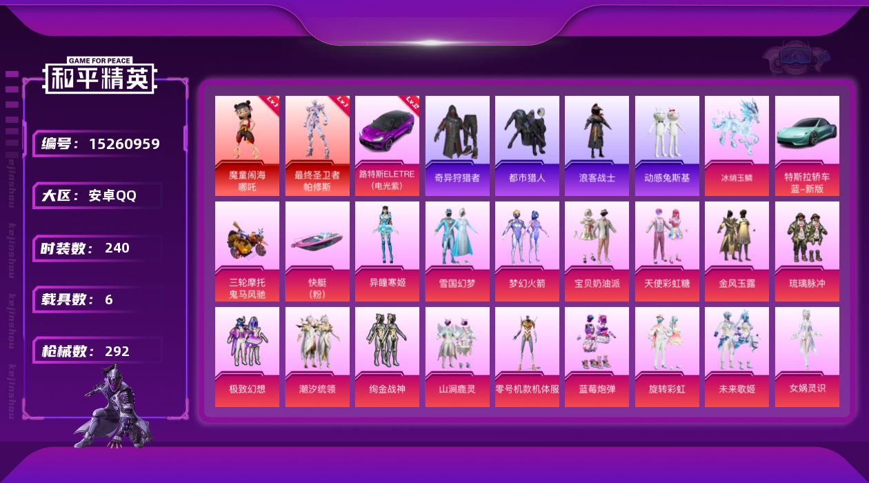 和平精英账号安卓QQ[15260959]【店主推荐捡漏号！可直接换绑】/素材身法号 安卓 手Q-2神装-17粉装-10特效枪-6载具-9粉色飞行器-11.7w热力值-20王牌印记-240套装-292枪皮【红色载具】：路特