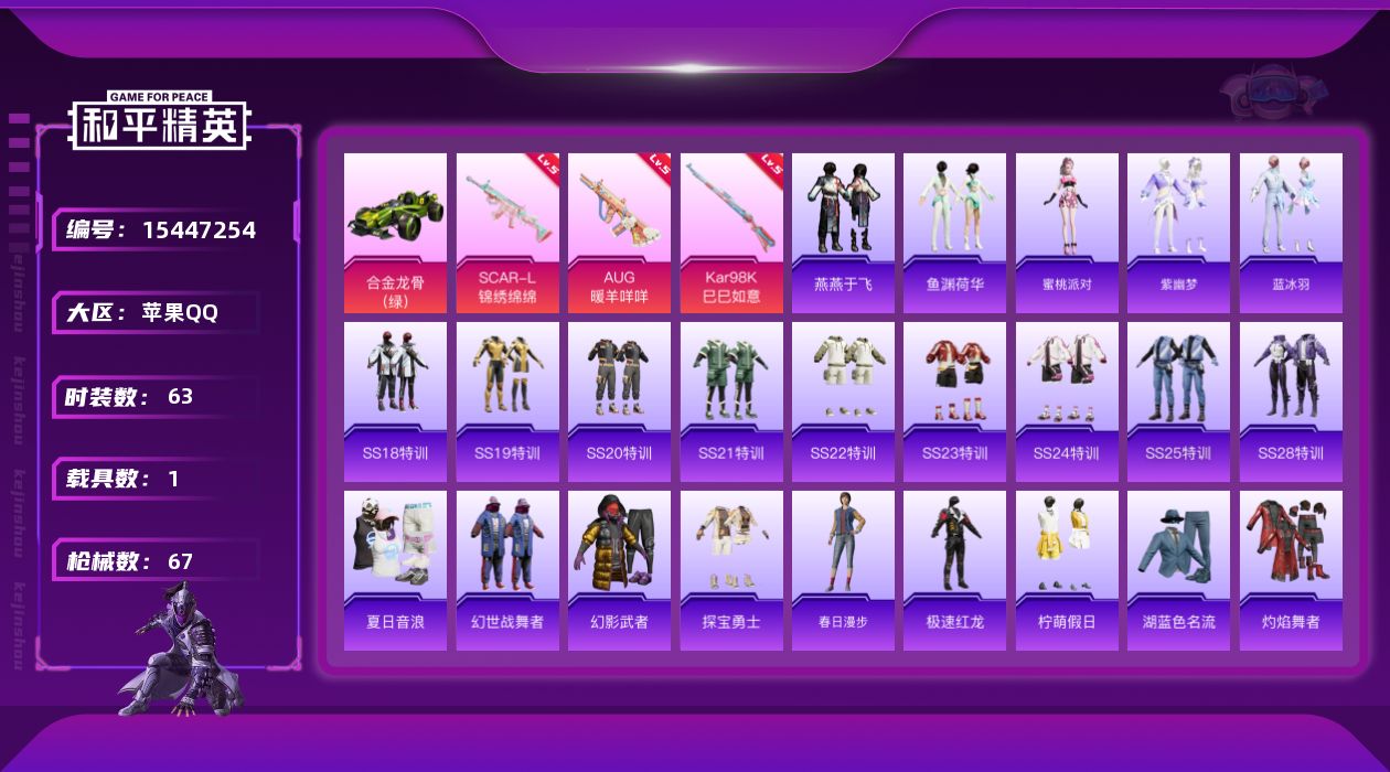 和平精英账号苹果QQ[15447254]【特价出售/店主推荐】苹果 手Q-0粉装-3特效枪-1载具-1粉色飞行器-21664热力值-7王牌印记-63套装-67枪皮
【粉色枪皮等级】：SCAR-L-锦绣绵绵(五级)，AUG