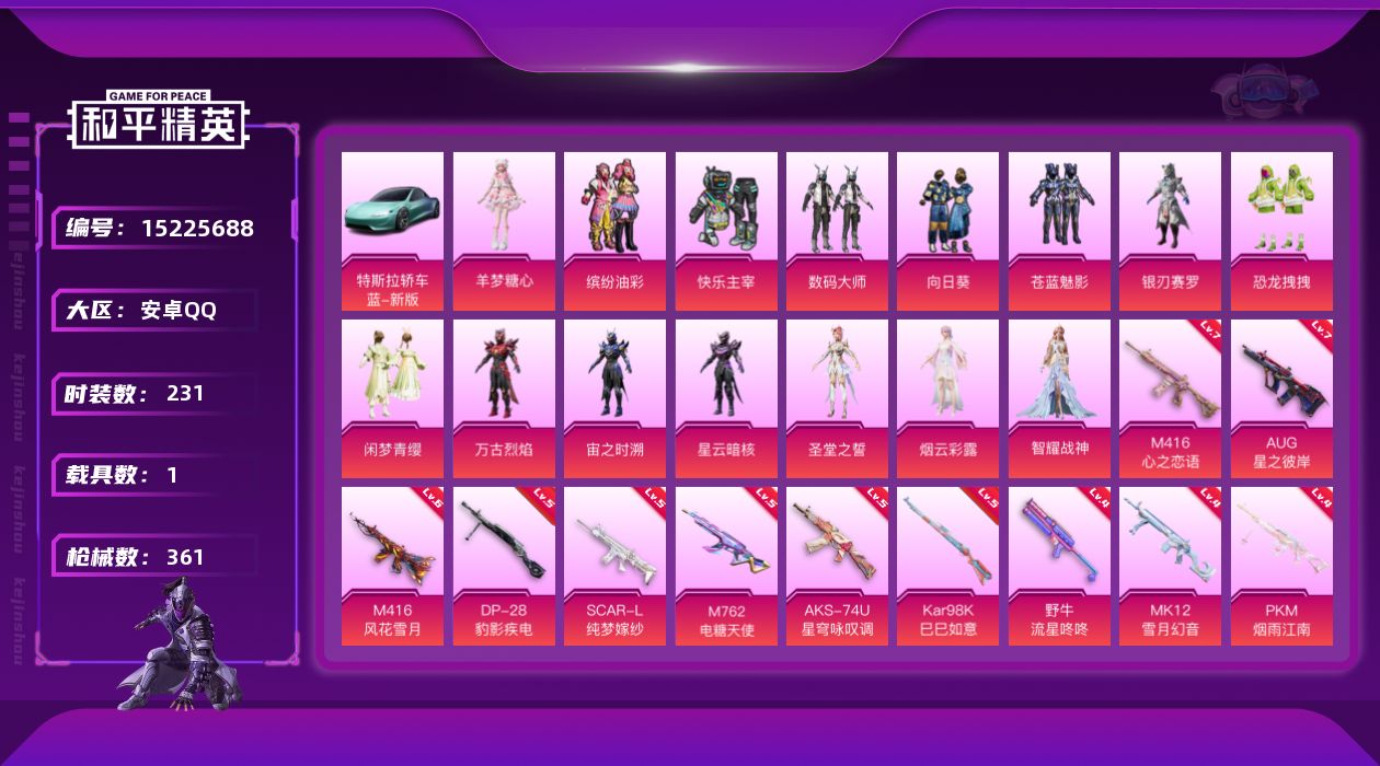 和平精英账号安卓QQ[15225688]【店主推荐捡漏号！可直接换绑】地铁满天赋 素材身法号  安卓 手Q-15粉装-14特效枪-1载具-7粉色飞行器-12w热力值-25王牌印记-231套装-361枪皮
【热门品类】：粉