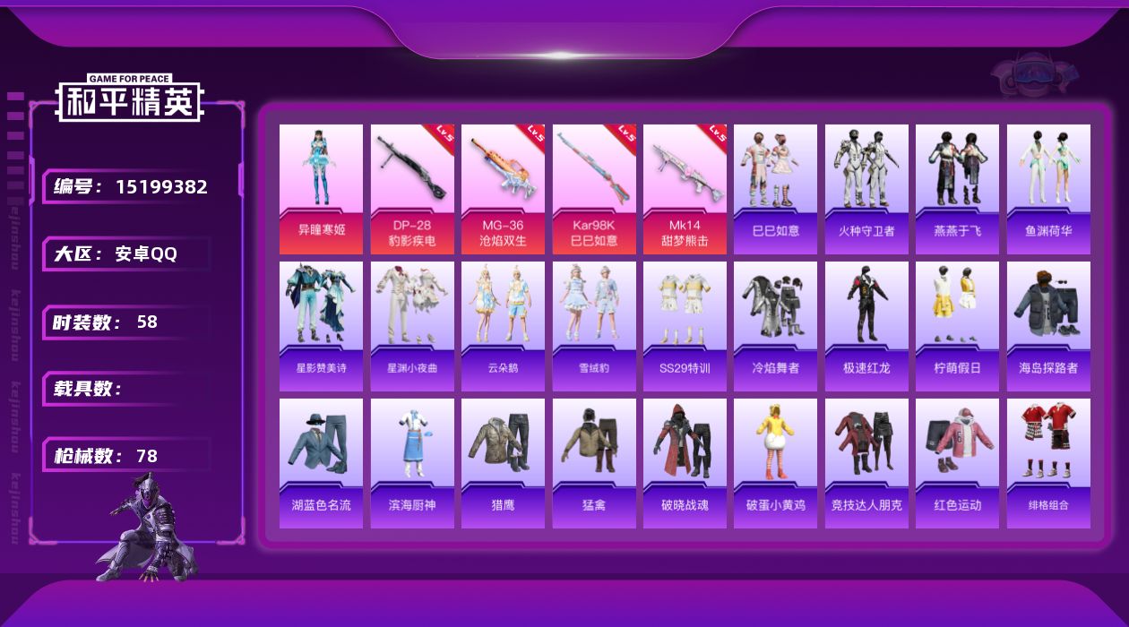 和平精英账号安卓QQ[15199382]【店主推荐捡漏号！可直接换绑】/地铁满天赋 安卓 手Q-1粉装-4特效枪-1粉色飞行器-2.1w热力值-5王牌印记-58套装-78枪皮【粉色套装】：角色-异瞳寒姬【粉色枪皮等级】：