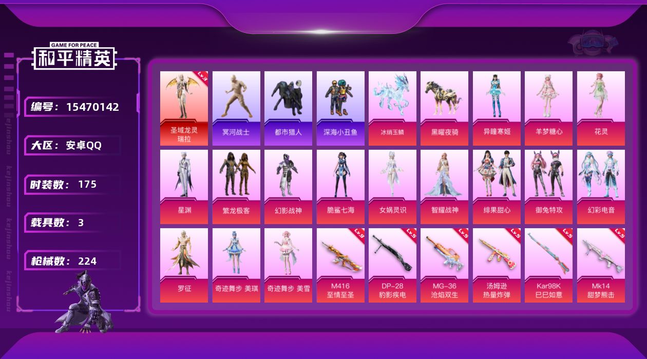 和平精英账号安卓QQ[15470142]【特价出售/店主推荐】安卓 手Q-2神装-15粉装-11特效枪-3载具-17粉色飞行器-82033热力值-10王牌印记-175套装-224枪皮【红色神装等级】：暮色玫影-艾丽娅(一
