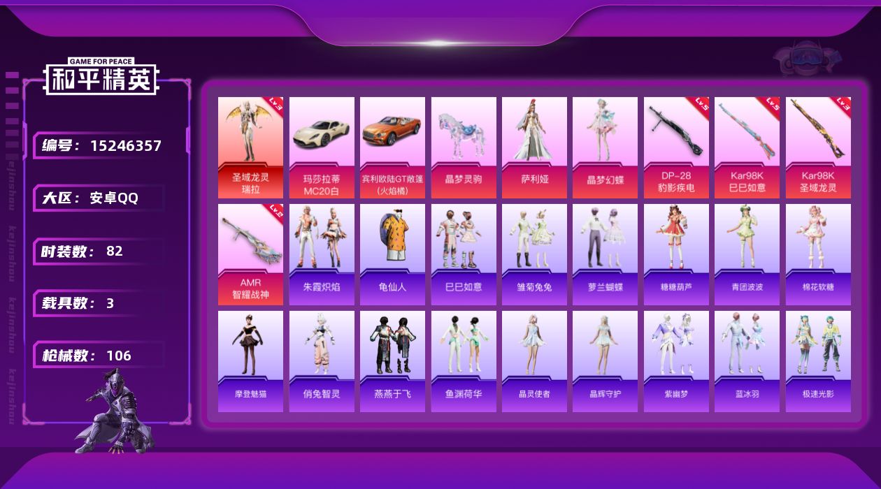和平精英账号安卓QQ[15246357]素材身法号/璀璨碎片1888【特价急出/详情看图】：安卓 手Q-1神装-2粉装-4特效枪-3载具-1粉色飞行器-3.4w热力值-8王牌印记-82套装-106枪皮【红色神装等级】：圣