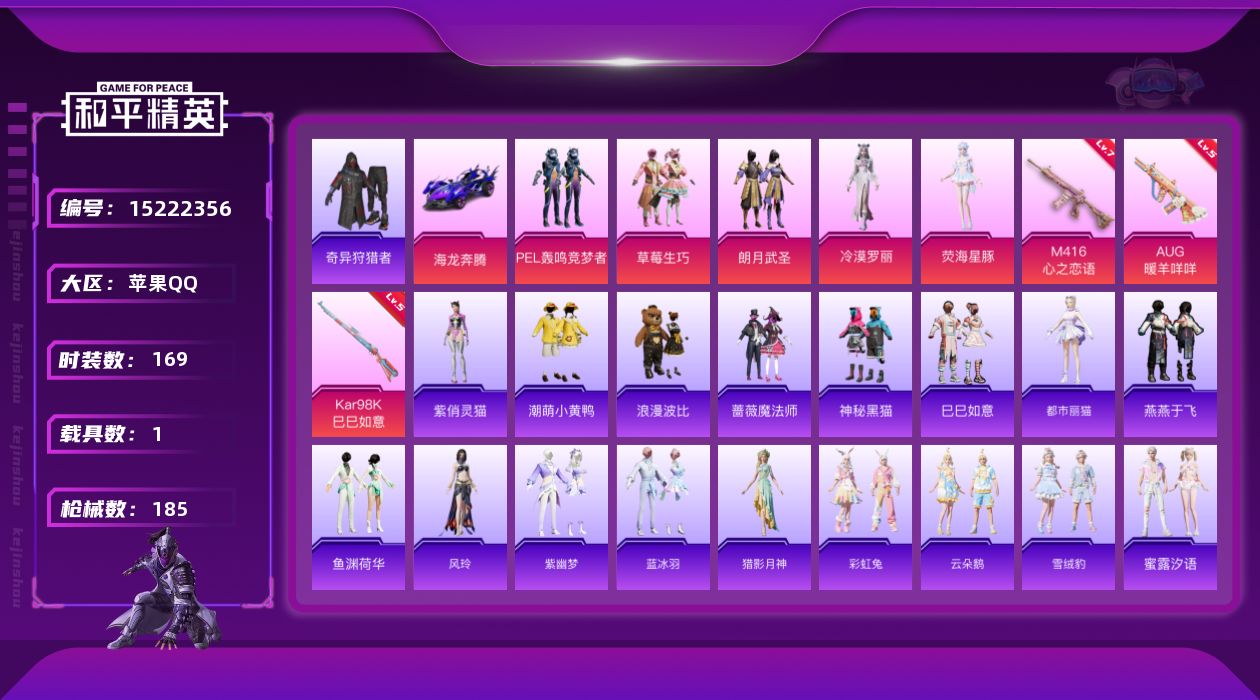 和平精英账号苹果QQ[15222356]【店主推荐捡漏号！可直接换绑】 苹果 手Q-5粉装-3特效枪-1载具-2粉色飞行器-6.2w热力值-5王牌印记-169套装-185枪皮【热门品类】：套装-奇异狩猎者，套装-潮萌小黄
