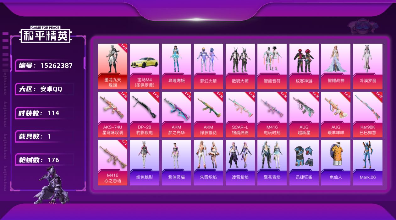和平精英账号安卓QQ[15262387]【店主推荐捡漏号！可直接换绑】/地铁满天赋 安卓 手Q-1神装-7粉装-10特效枪-1载具-6粉色飞行器-5,9w热力值-8王牌印记-114套装-176枪皮【红色神装等级】：墨龙九