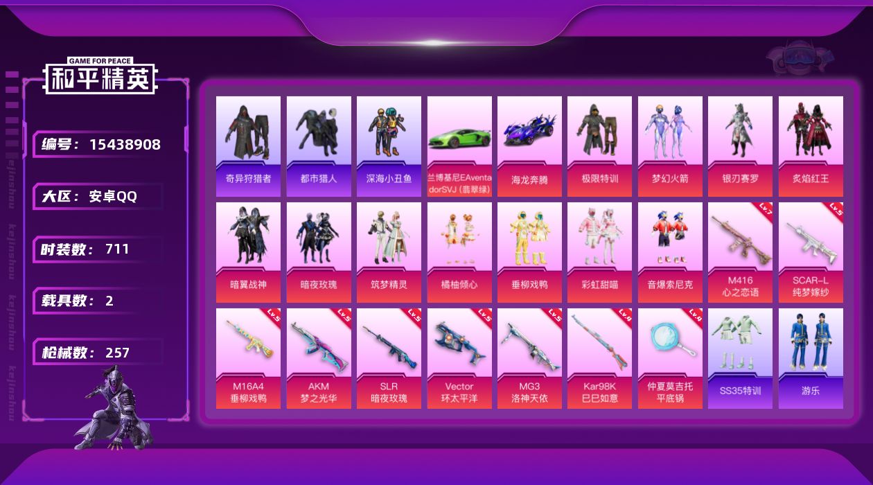 和平精英账号安卓QQ11粉装 9特效枪 2.0载具 10印记 可二次 
【热门装扮】都市猎人,鹰眼刺客,极限特训,奇异狩