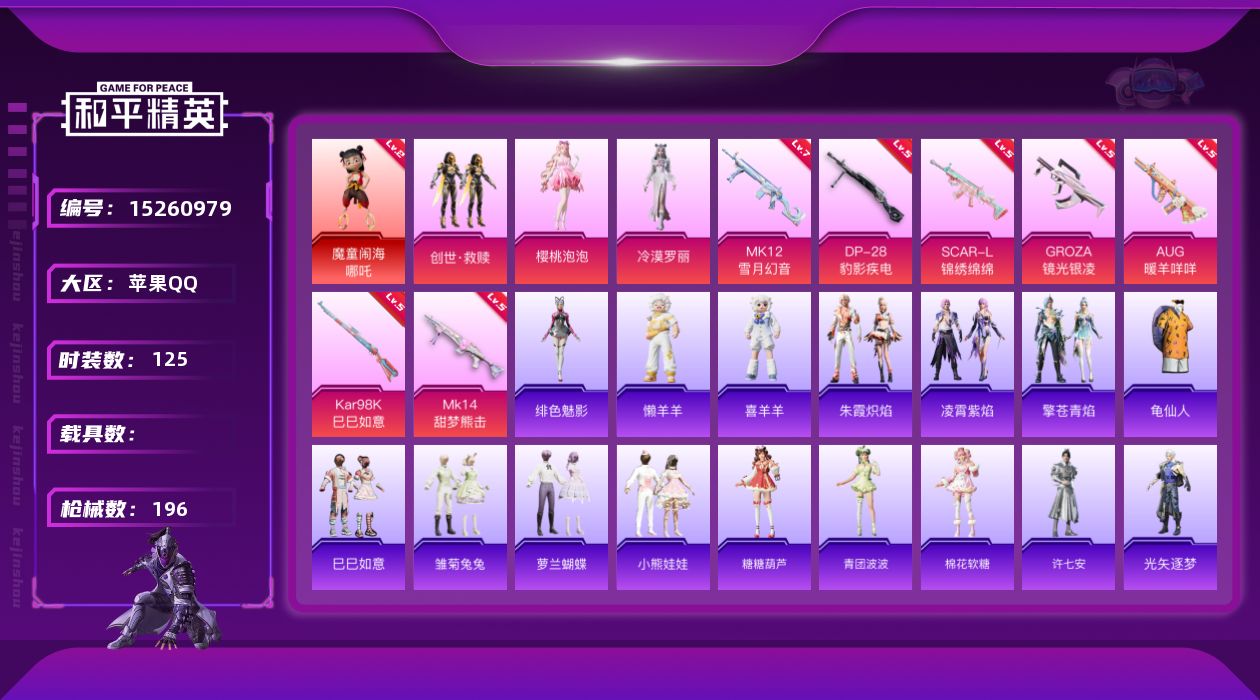 和平精英账号苹果QQ[15260979]【店主推荐捡漏号！可直接换绑】/素材身法号/地铁满天赋 苹果 手Q-1神装-3粉装-7特效枪-3粉色飞行器-5.7w热力值-11王牌印记-125套装-196枪皮【红色神装等级】：魔