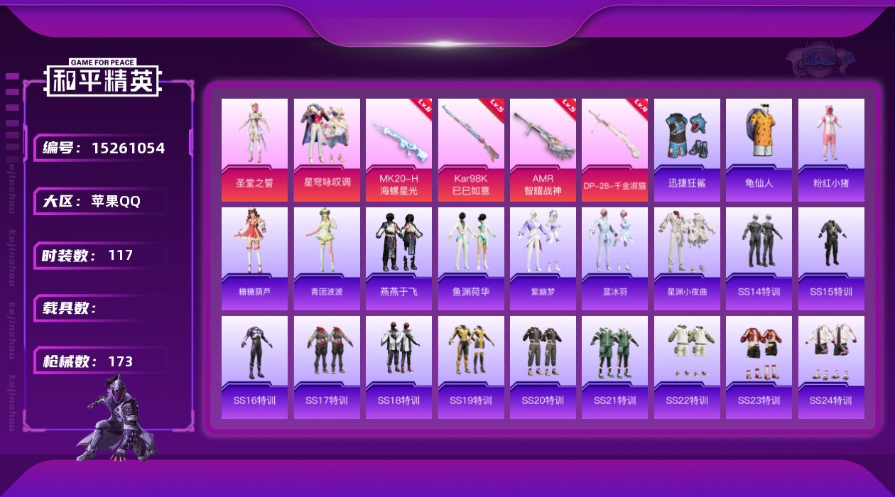 和平精英账号苹果QQ[15261054]【店主推荐捡漏号！可直接换绑】 苹果 手Q-2粉装-4特效枪-1粉色飞行器-4.7w热力值-12王牌印记-117套装-173枪皮【热门品类】：套装-龟仙人，套装-粉红小猪【粉色套装