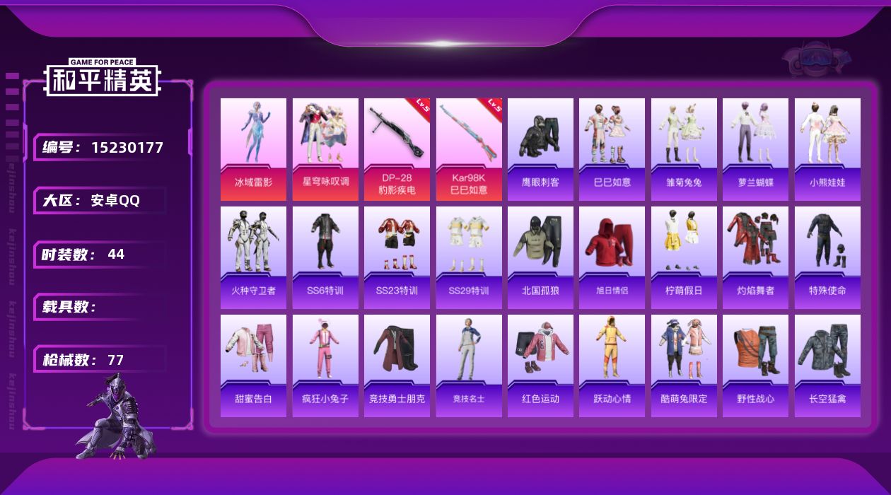 和平精英账号安卓QQ[15230177]【店主推荐捡漏号！可直接换绑】安卓 手Q-2粉装-2特效枪-0载具-0粉色飞行器-20065热力值-1王牌印记-44套装-77枪皮【粉色套装】：角色-冰域雷影，粉装-星穹咏叹调【粉