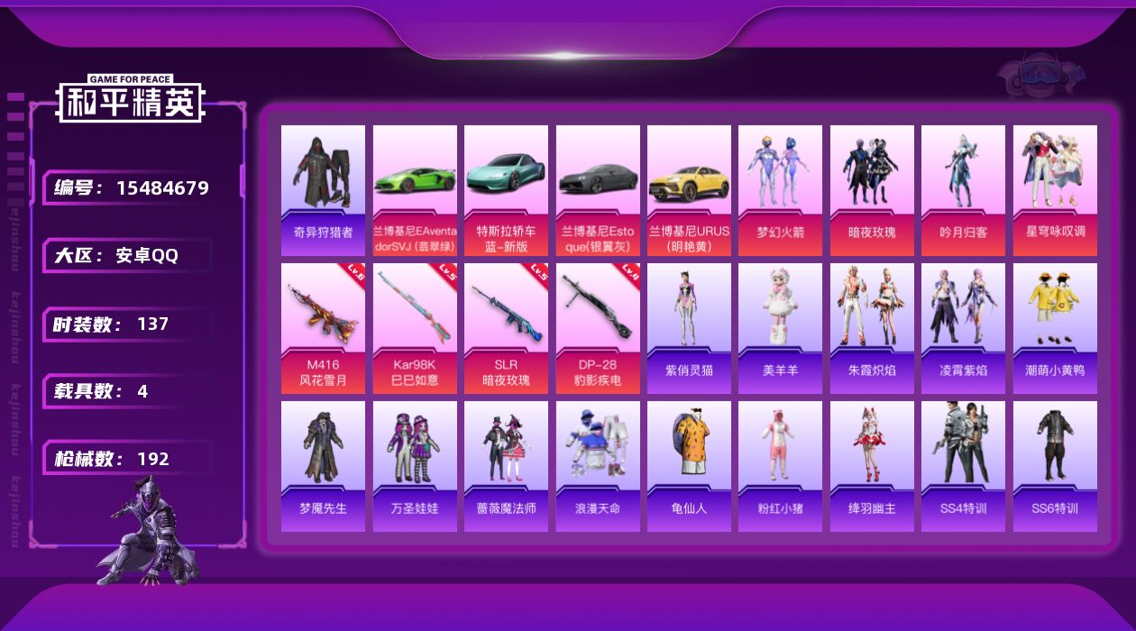 和平精英账号安卓QQ[15484679]【店主推荐捡漏号！可直接换绑】地铁满天赋安卓 手Q-4粉装-4特效枪-4载具-3粉色飞行器-63440热力值-4王牌印记-137套装-192枪皮热门品类】：粉装-梦幻火箭，套装-浪