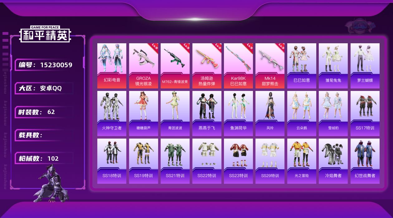 和平精英账号安卓QQ[15230059]【店主推荐捡漏号！可直接换绑】地铁满天赋 安卓 手Q-1粉装-5特效枪-0载具-1粉色飞行器-2.8w热力值-2王牌印记-62套装-102枪皮
【粉色套装】：粉装-幻彩电音
【粉色