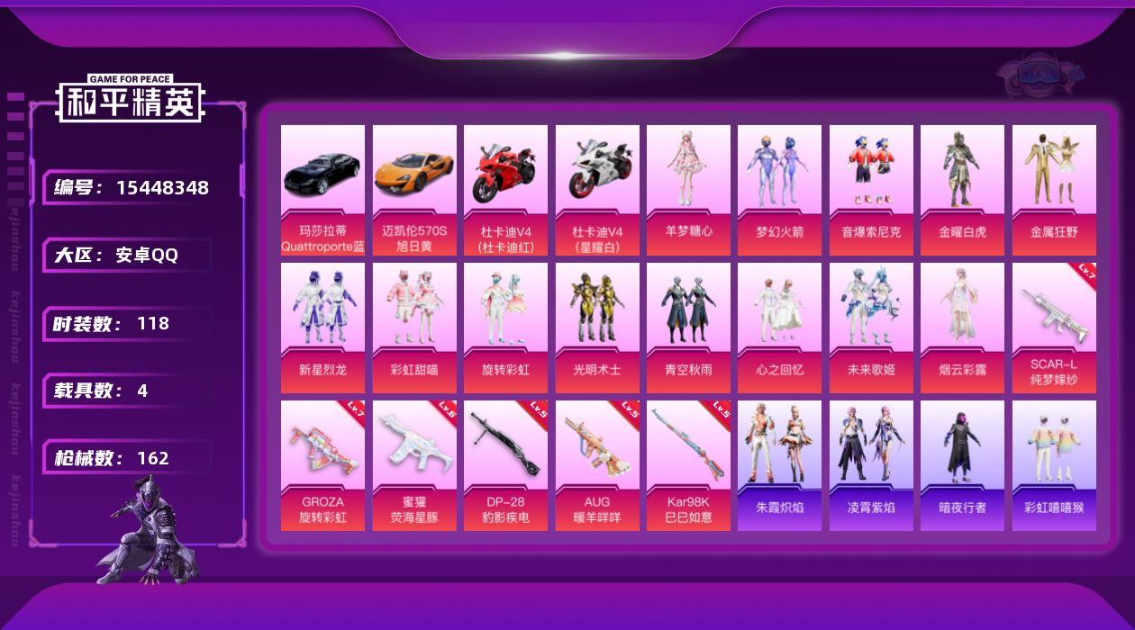 和平精英账号安卓QQ[15448348]【店主推荐捡漏号！可直接换绑】地铁满天赋/安卓 手Q-13粉装-6特效枪-4载具-2粉色飞行器-57860热力值-9王牌印记-118套装-162枪皮【热门品类】：粉装-梦幻火箭，粉
