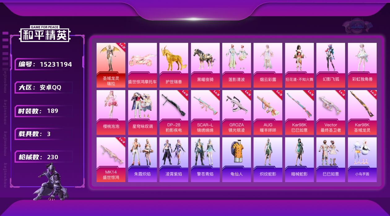 和平精英账号安卓QQ[15231194]【店主推荐捡漏号！可直接换绑】 安卓 手Q-1神装-7粉装-8特效枪-3载具-8粉色飞行器-7.9w热力值-8王牌印记-189套装-230枪皮【红色神装等级】：圣域龙灵-瑞拉(二级