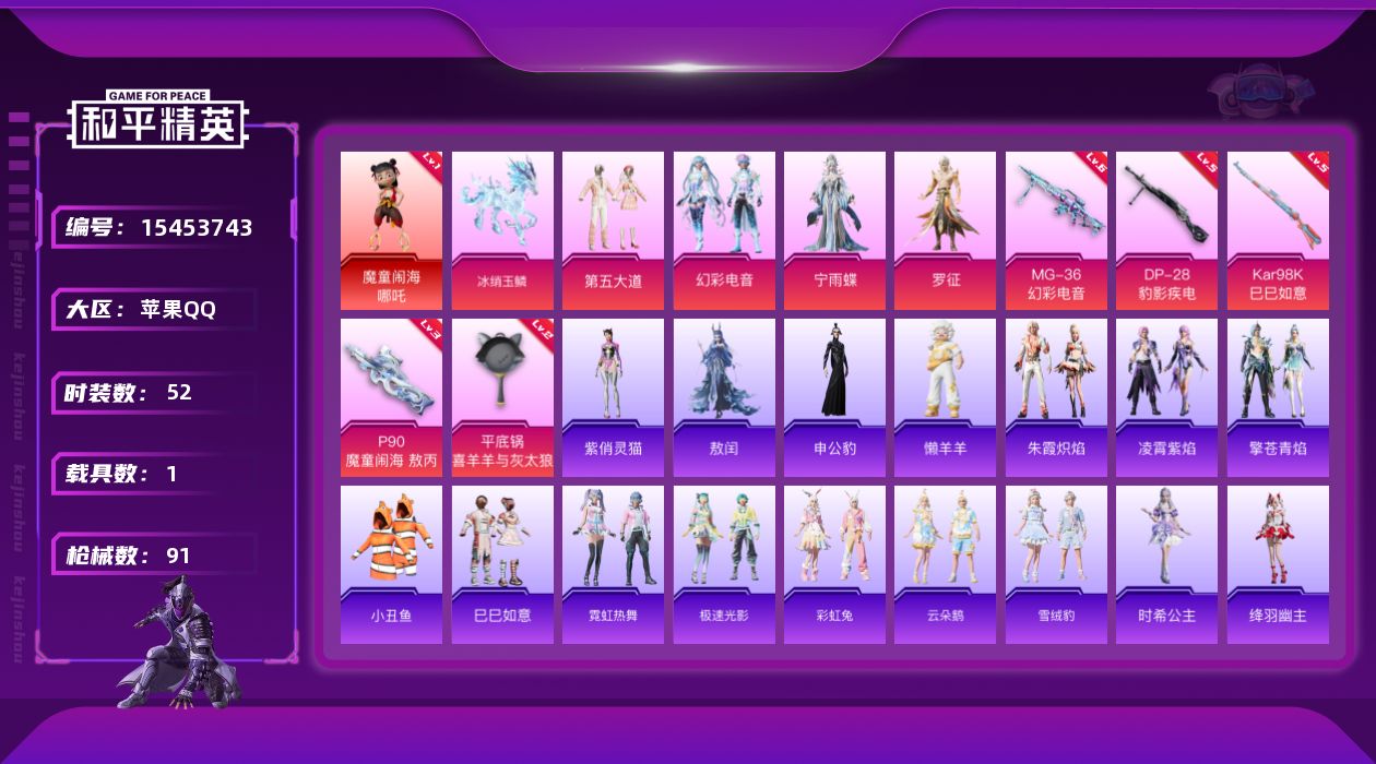 和平精英账号苹果QQ[15453743]可二次【店主推荐捡漏号！可直接换绑苹果 地铁满天赋 手Q-1神装-4粉装-5特效枪-1载具-2粉色飞行器-28592热力值-5王牌印记-52套装-91枪皮【红色神装等级】：魔童闹海