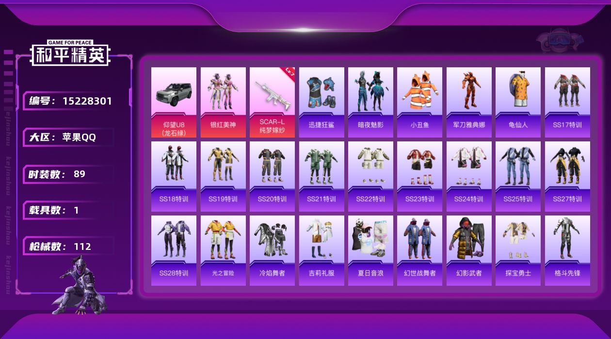 和平精英账号苹果QQ[15228301]【店主推荐捡漏号！可直接换绑】苹果 手Q-1粉装-1特效枪-1载具-1粉色飞行器-34265热力值-5王牌印记-89套装-112枪皮【热门品类】：套装-小丑鱼，角色-军刀雅典娜，套