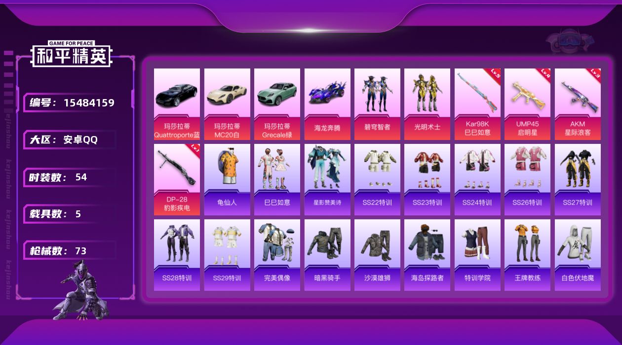 和平精英账号安卓QQ[15484159]【店主推荐捡漏号！可直接换绑】安卓 手Q-2粉装-4特效枪-5载具-0粉色飞行器-26447热力值-1王牌印记-54套装-73枪皮【热门品类】：套装-龟仙人【粉色载具】：玛莎拉蒂M