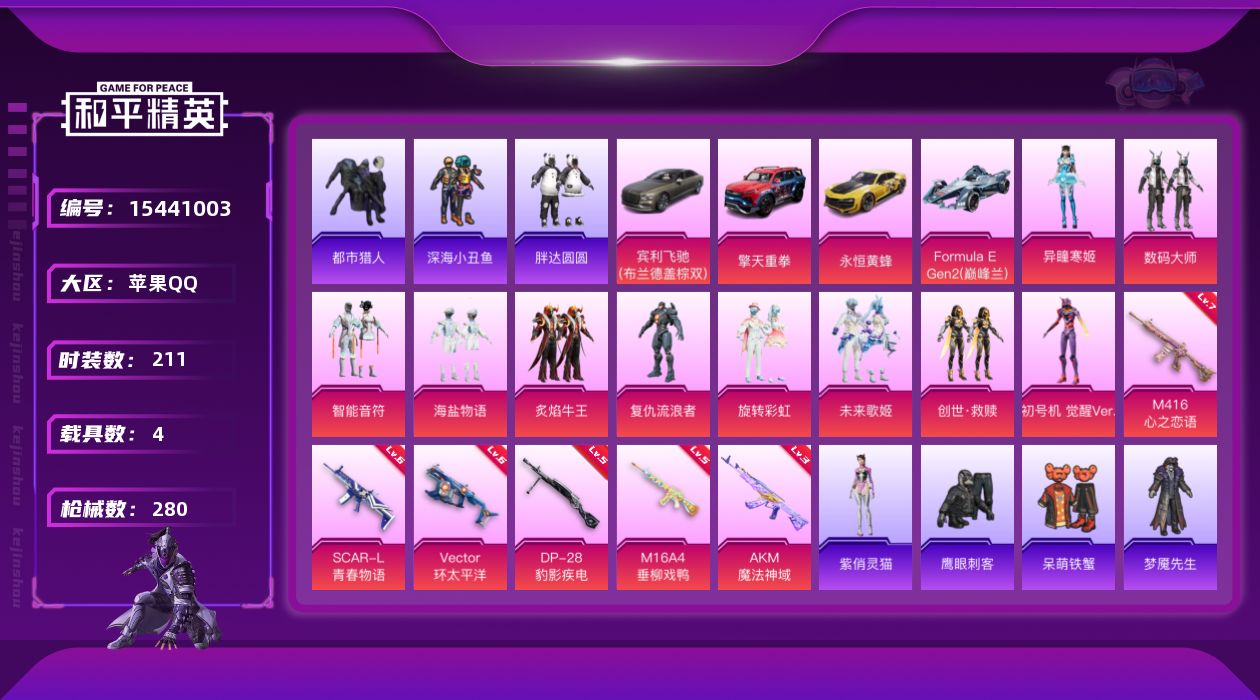 和平精英账号苹果QQ[15441003]【店主推荐捡漏号！可直接换绑】苹果 手Q-10粉装-6特效枪-4载具-4粉色飞行器-94797热力值-17王牌印记-211套装-280枪皮【热门品类】：套装-浪漫天命，套装-都市猎
