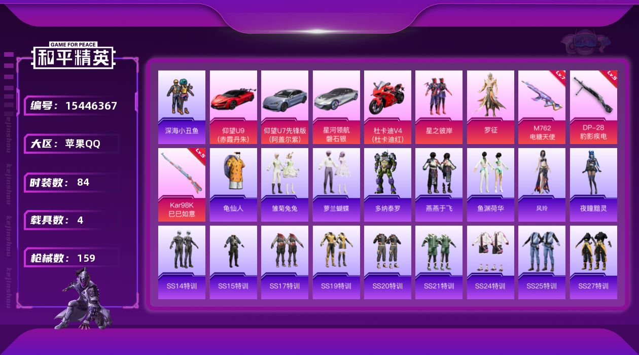 和平精英账号苹果QQ[15446367]可二次【店主推荐捡漏号！可直接换绑】地铁满天赋苹果 手Q-4粉装-3特效枪-4载具-1粉色飞行器-45813热力值-2王牌印记-84套装-159枪皮【热门品类】：套装-深海小丑鱼，